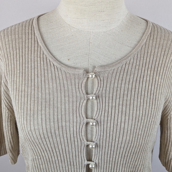 NAADAM Cardigan Faux Pearl Button Front Short Sleeve Silk Cashmere Linen M NWOT - Picture 3 of 12